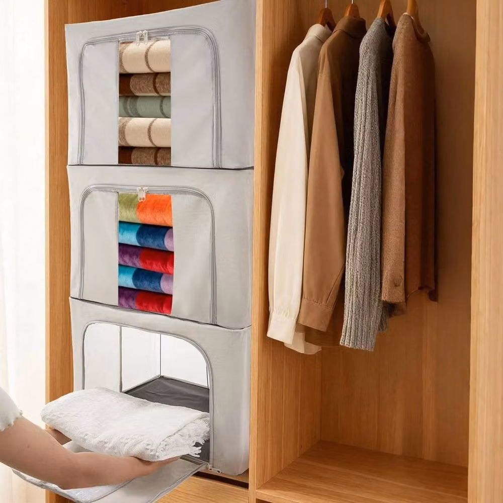 EONLION 66L Grey Foldable and Stackable Fabric Storage Box with Steel Frame, W: 50 cm, D: 31 cm, H: 50 cm – 3