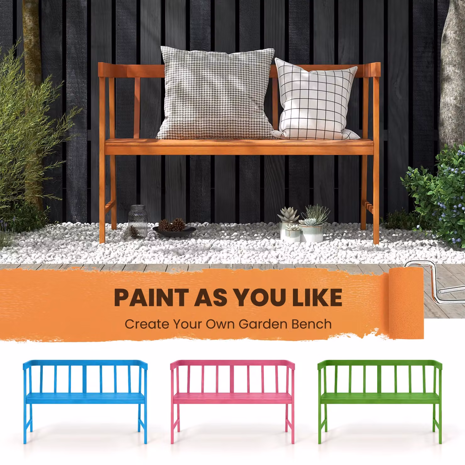 Gymax 2-Person Wooden Outdoor Patio Bench with Backrest and Armrests in Orange – 4