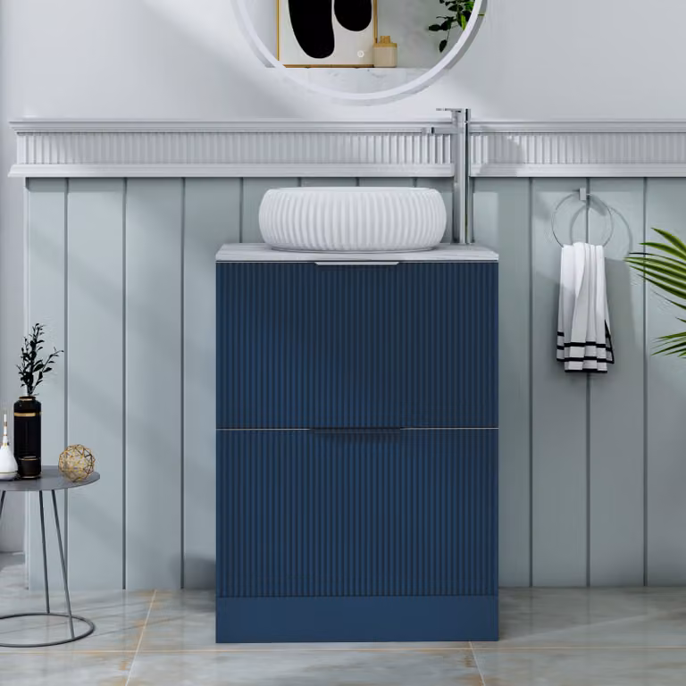 Royal Bathrooms Evora Midnight Blue Fluted Floor Standing Countertop Vanity Unit with Milan Basin and 2 Drawers, W: 60 cm