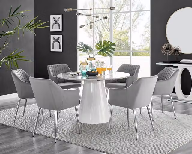 Furniturebox Palma White Marble Effect Round Dining Table and 6 Calla Silver Leg Chairs in Grey
