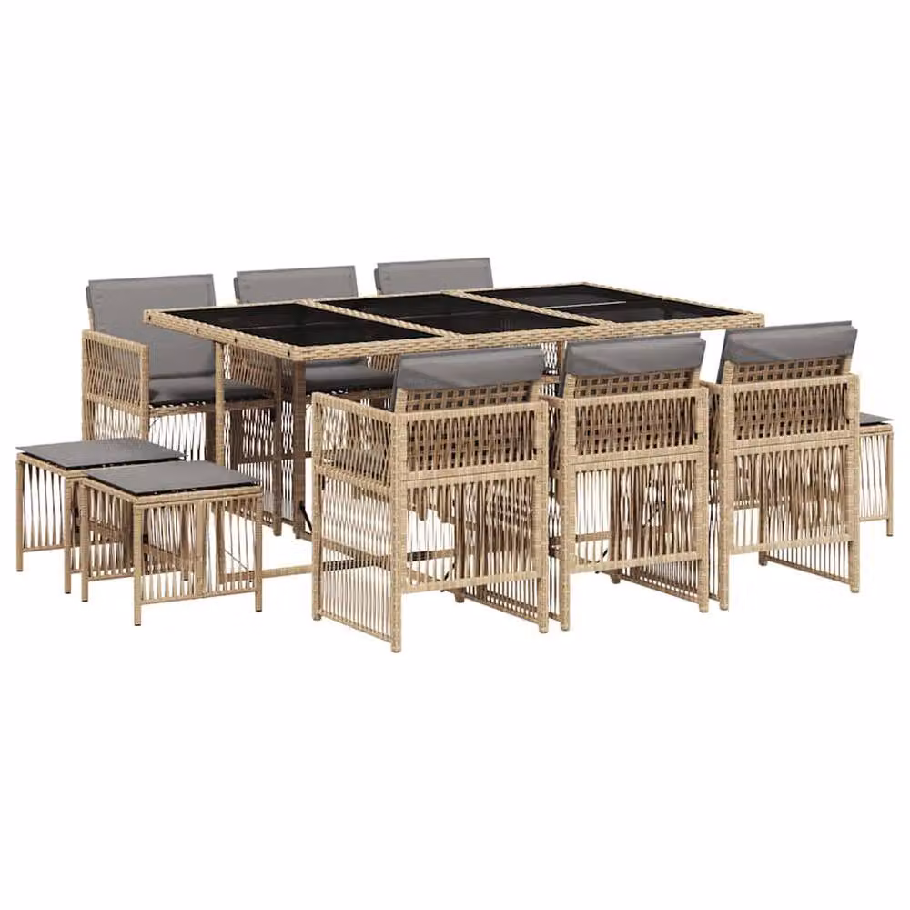 Berkfield Home 11 Piece Extendable Garden Dining Set with Beige Cushions and Glass Top in Mixed Poly Rattan – 2