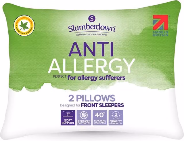 Slumberdown Anti Allergy Hollow Fibre Pillow, White, Firm, Pack of 2