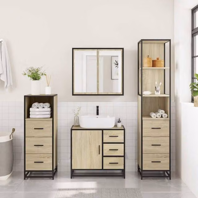 Berkfield Home 4-Piece Bathroom Furniture Set in Sonoma Oak and Light Brown – 1