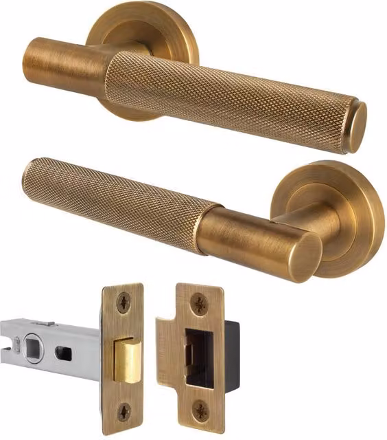 AFIT Antique Brass Knurled Round Rose Door Handles with Latch, Bronze, 1 Pair – 1