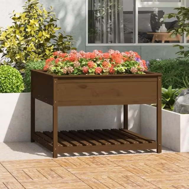 Berkfield Wooden Raised Bed Planter with Shelf, Honey Brown, W/D/H: 111.5 x 111.5 x 81 cm