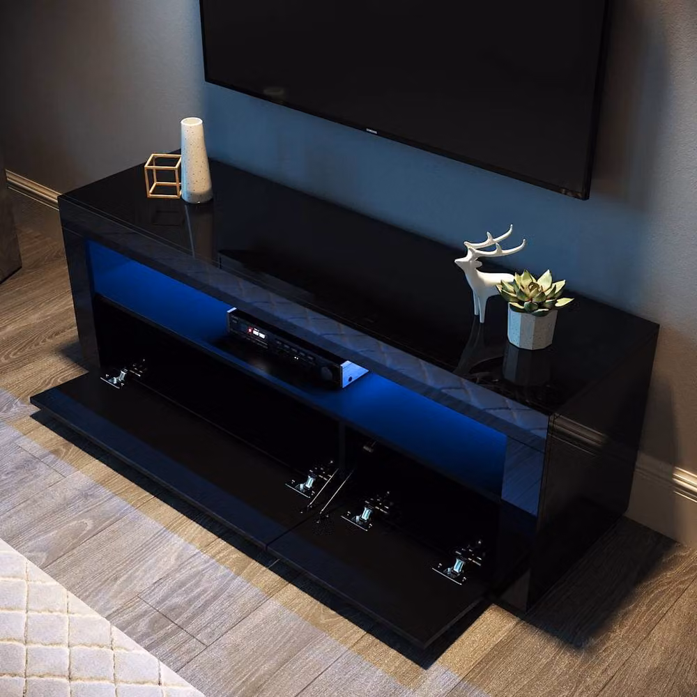 ERGOVEXA Modern Black High Gloss TV Unit Cabinet with Integrated LED Lights and Drawers W/D/H: 120 x 45 x 45 cm – 2