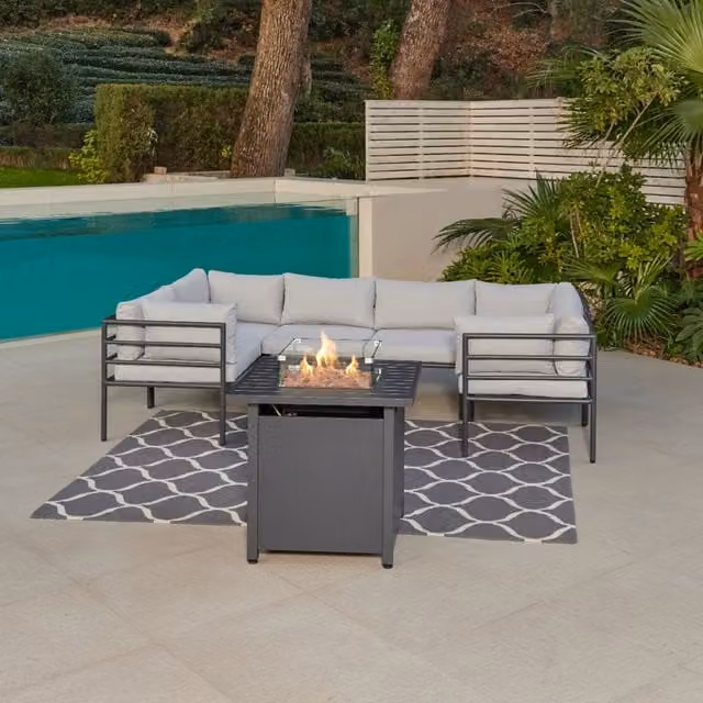 Catalon GRS Grey Aluminium Modular Garden Sofa Set with Optional Fire Pit Table, W/D/H: 136 x 136 x 65 cm