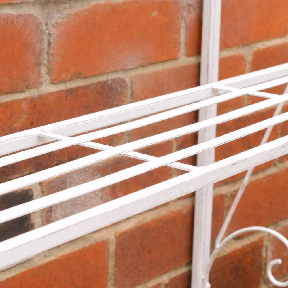 Melody Maison Three Tier White Lacquered Metal Plant Theatre Stand with Vintage Distressed Finish – 2