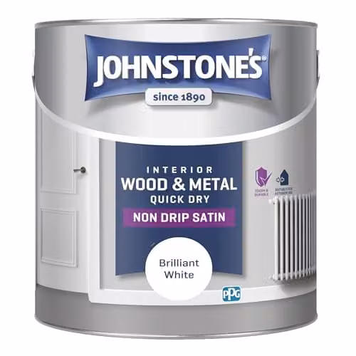 Johnstone's Wood and Metal Paint in Brilliant White, Satin Gloss Finish, 2.5L Water Based Quick Drying Formula
