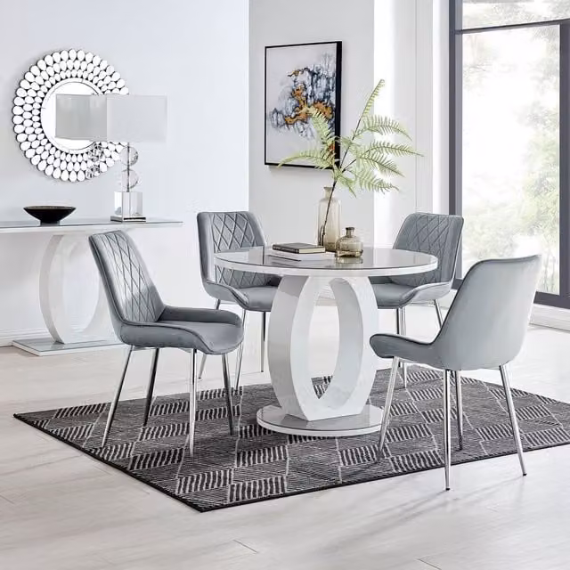 FurnitureboxUK Giovani Round 100cm Grey Glass Top Dining Table and 4 Pesaro Silver Leg Grey Velvet Chairs