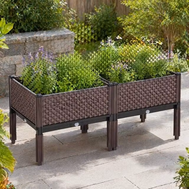 STILVORA Set of 2 Self-Watering Raised Bed Planters in Brown, W/D/H: 50.0 x 46.5 x 50.0 cm