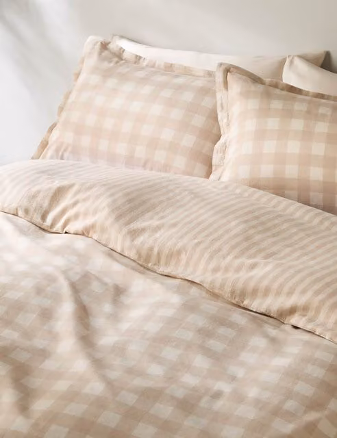 M&S Pure Cotton Reversible Gingham Bedding Set, Multicolour and Beige, W: 180 cm x D: 200 cm