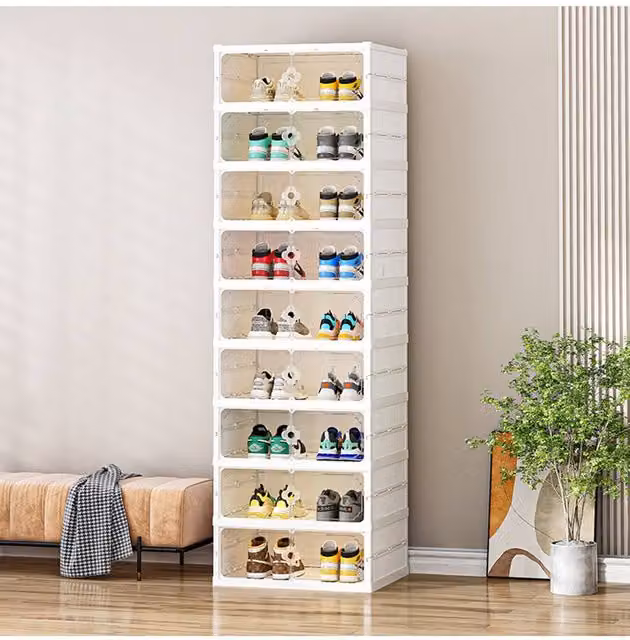 Living and Home 9-Tier Foldable Shoe Storage Cabinet with Hinged Doors, White