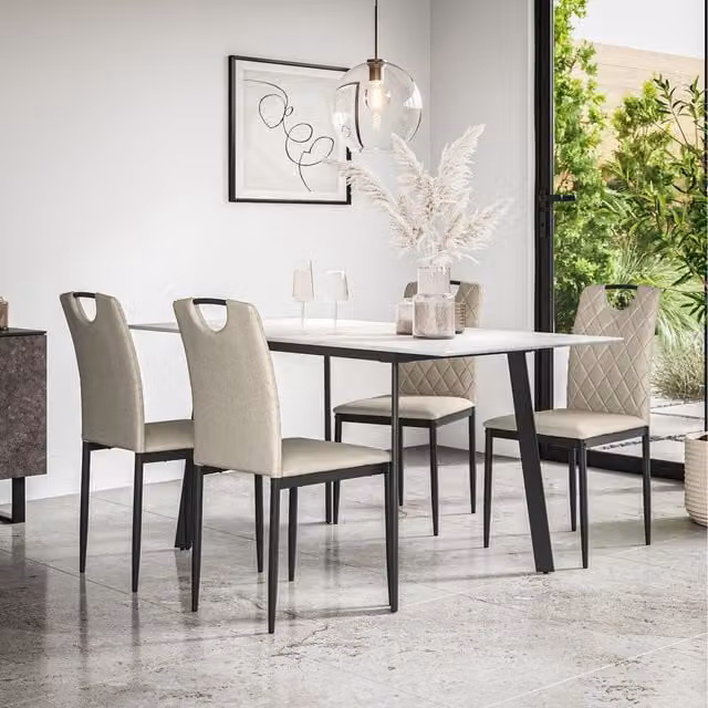 More4Homes Haydon Extending Marble Effect Dining Table and 6 Monza Linen Chairs Set in Beige, White and Black, W/D/H: 120 x 80 x 76 cm