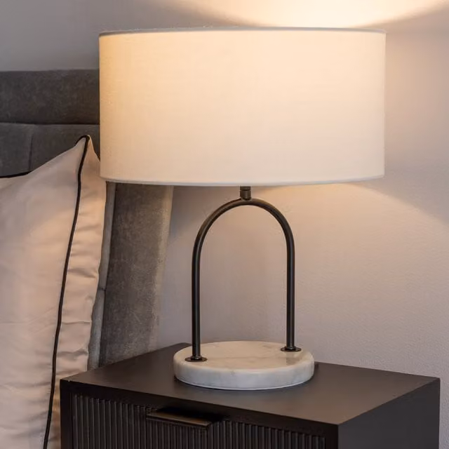 Rachel Arch Marble Base Table Lamp with Linen Shade and LED Bulb in Black and Gold/Brass