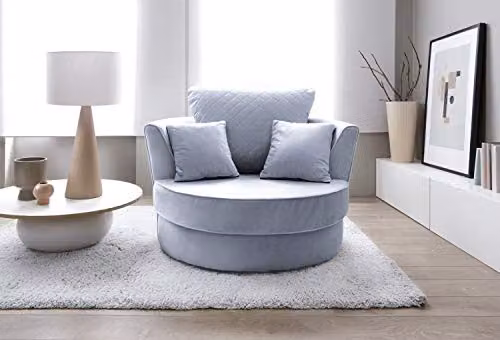 Abakus Direct Chicago Swivel Armchair in Silver Blue Velvet Fabric, W/D/H: 115 x 115 x 90 cm – 2