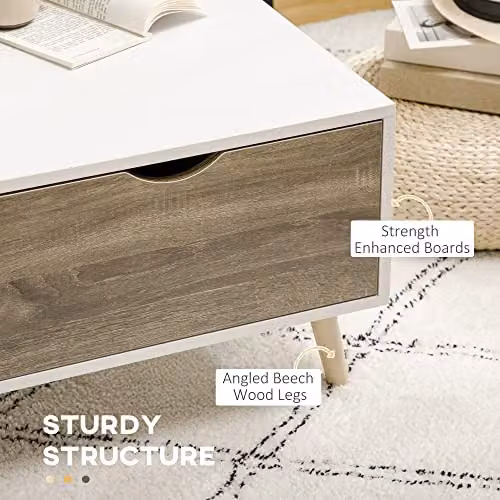 HOMCOM Modern Rectangular Coffee Table with Open Storage Shelves in White – 3