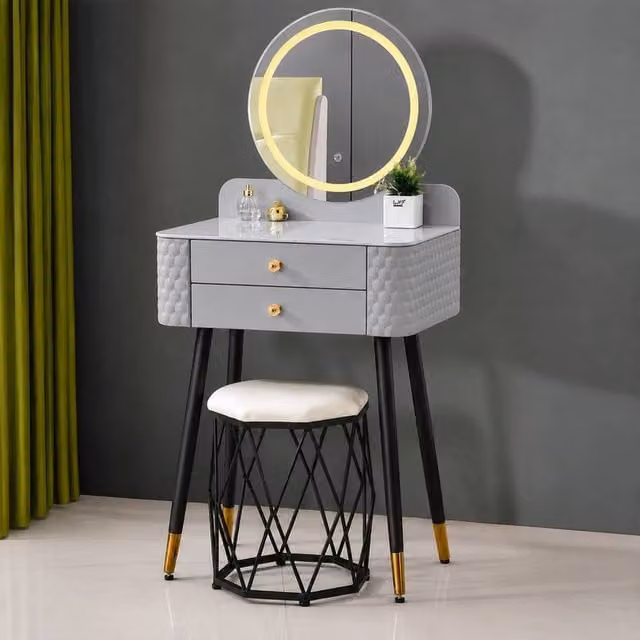 Sliding Wardrobes 4U Modern Dressing Table with LED Mirror and Stool Set in Grey and Gold, W/D/H: 60 x 50 x 127 cm