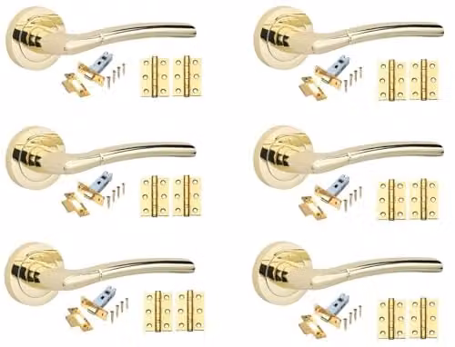Golden Grace Indiana Door Handles with Latch in Polished Brass, 6 Sets