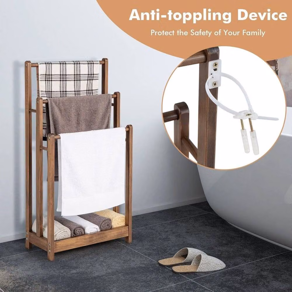 PAWNORA 3-Tier Free-Standing Wooden Towel Rack with 3 Bars in Brown – 5