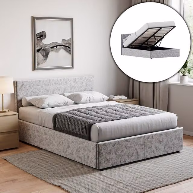 Vida Designs Veronica King Ottoman Bed Frame in Silver Velvet with Gas-Lift Storage, H 82 x W 159 x D 210 cm