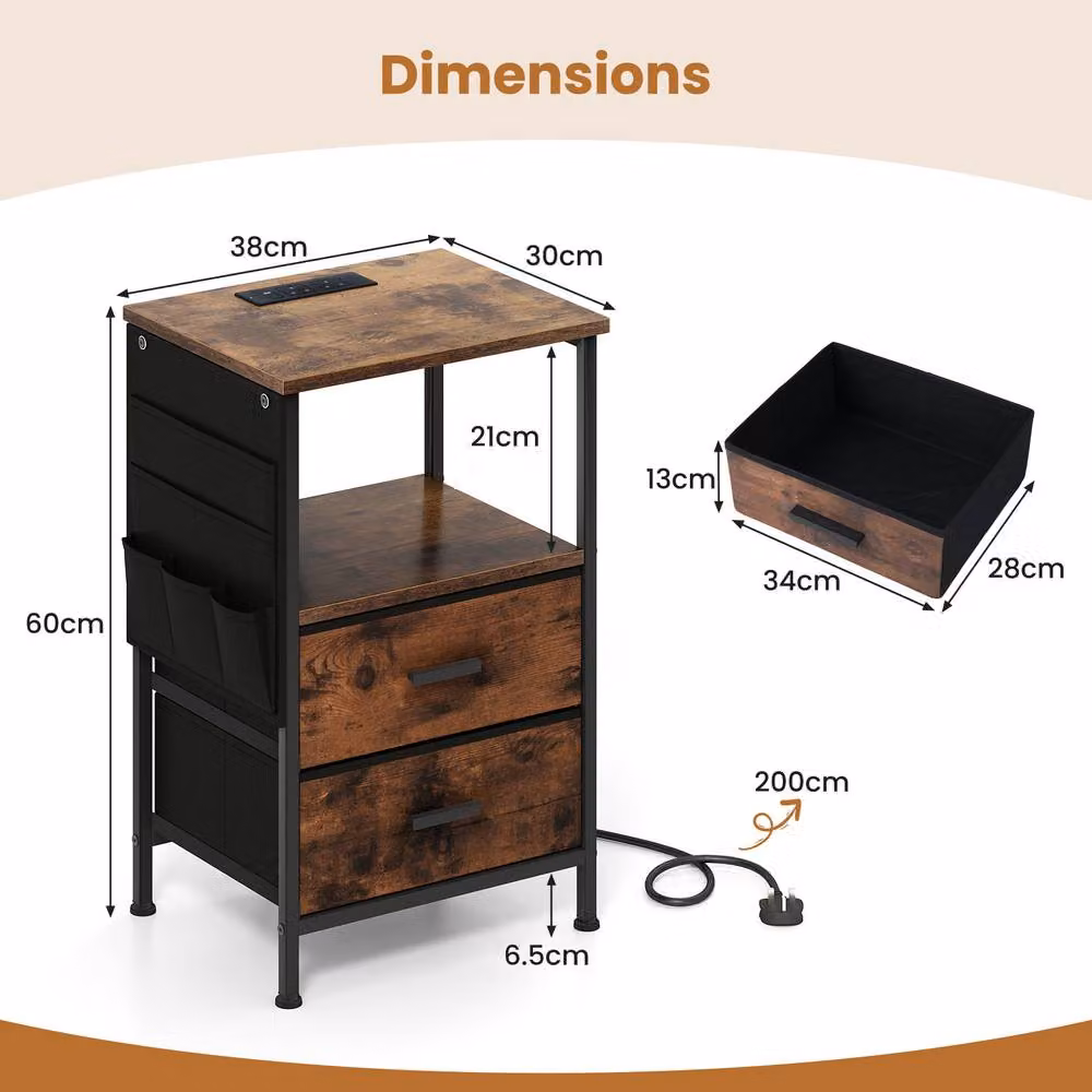 Gymax 2 Pack Brown Nightstand End Tables with Charging Station, LED Lights and 2 Drawers – 2