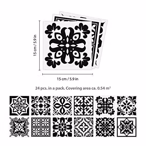 WALPLUS Mediterranean Geometric Wall Tile Sticker Set in Black and White, 24 pcs, 15 x 15 cm – 3