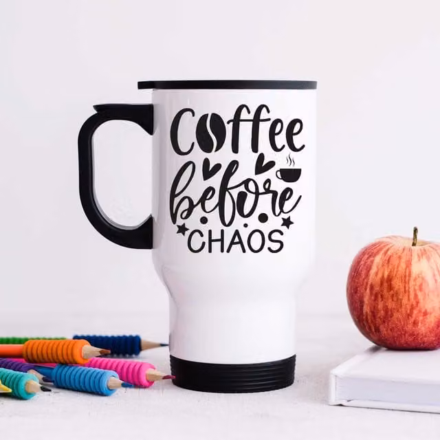 60 Second Makeover Coffee Before Chaos Metal Travel Mug in White