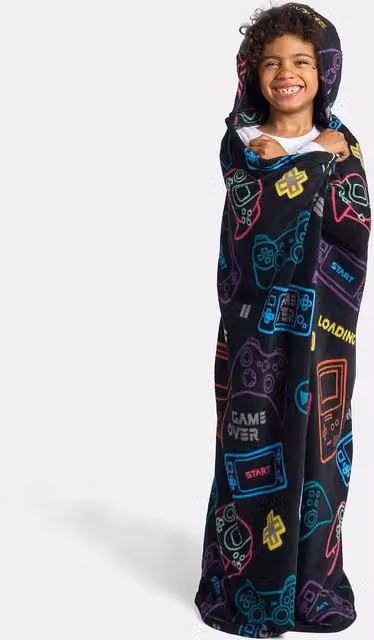 OHS Kids Black Fleece Gaming Wearable Hooded Blanket with Sleeves