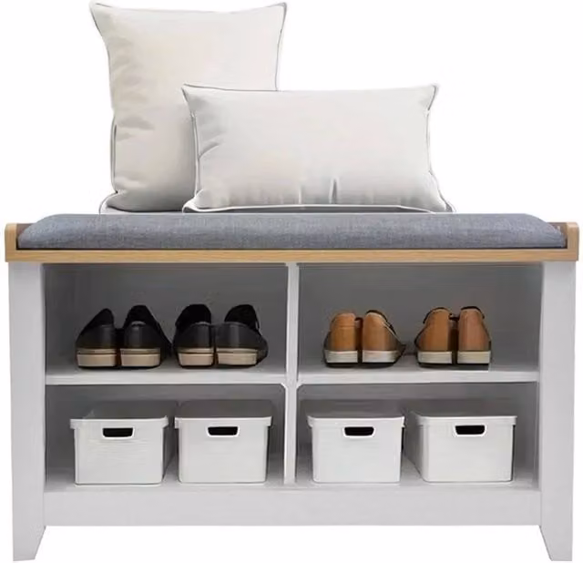 KORVIXA Grey Padded Seat Bench and 4-Shelf Shoe Rack for Hallways, W: 100 cm, D: 45 cm, H: 150 cm – 1