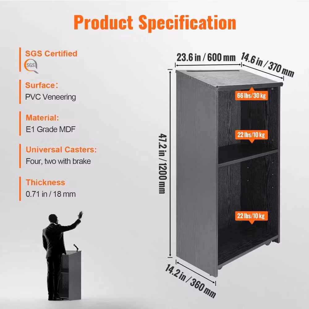 EONLION Podium Stand with Rolling Wheels and Storage Shelves in Black – 1