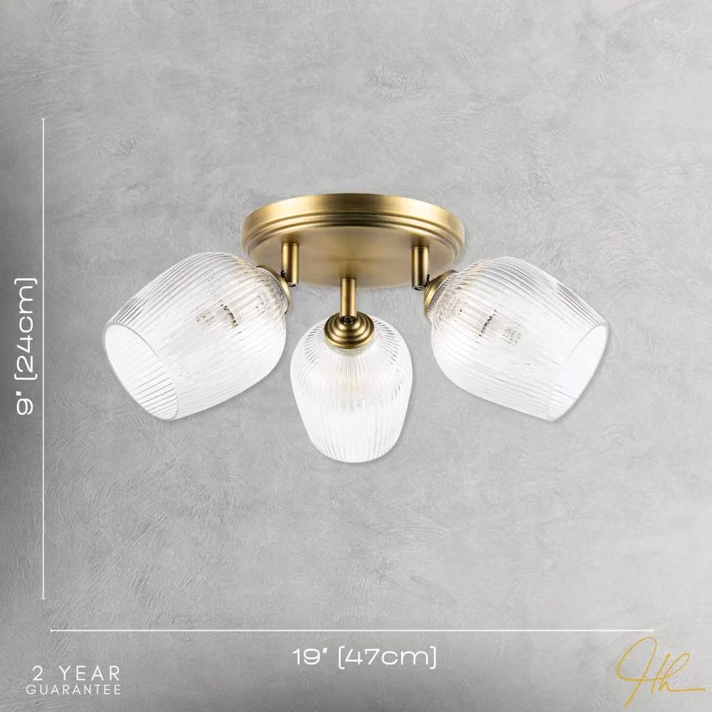 Happy Homewares Antique Brass Triple Spot Ceiling Light with Transparent Glass Shades in Gold/Brass – 3