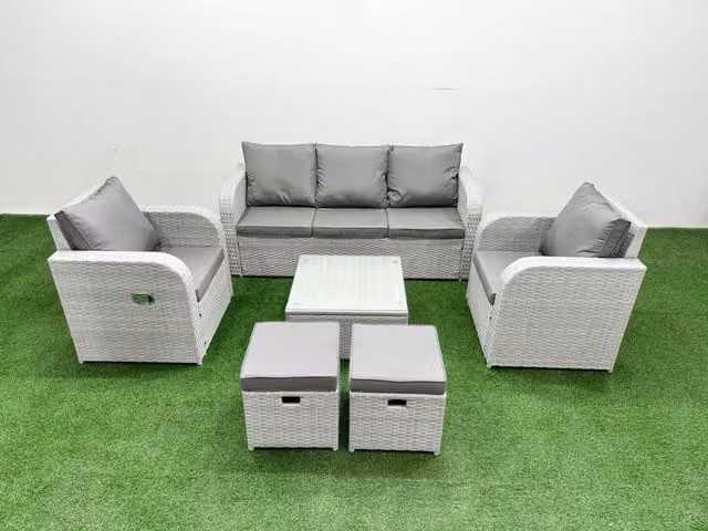 Fimous PE Rattan Garden Furniture Set in Light Grey with 3-Seater Sofa, Reclining Armchair, Coffee Table and Ottomans
