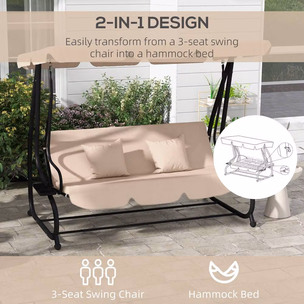 OUTSUNNY 2-in-1 Garden Swing Chair for 3 Adults with Sun Canopy and Cushions, Brown and Beige – 3