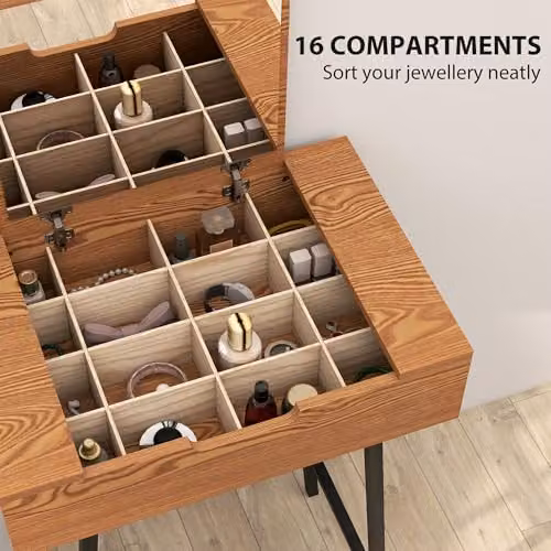 HOMCOM Industrial Dressing Table with Flip-Up Mirror and 16 Compartments in Natural Wood Effect, Black and Brown, W/D/H: 90 x 40 x 75 cm – 4