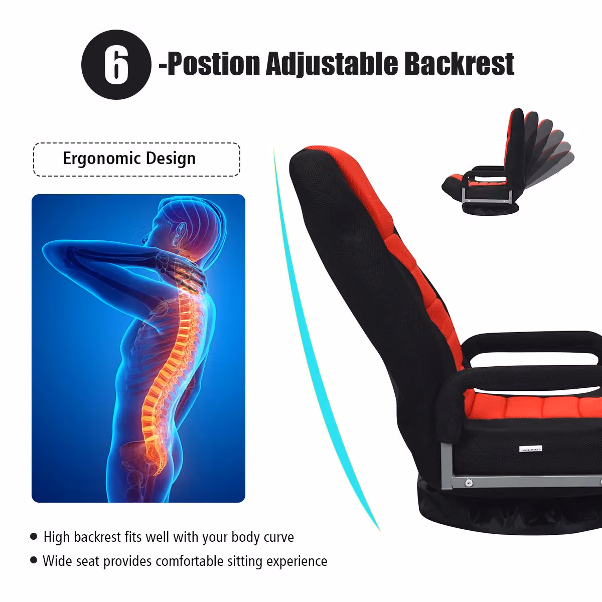 Costway Red Folding Floor Gaming Chair with 6-Position Adjustable Backrest – 7