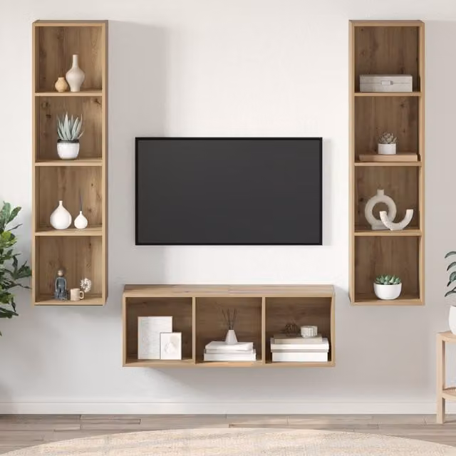 Berkfield Home 3-Piece Modern TV Cabinet and Shelf Set in Artisan Oak Brown, W/D/H: 37 x 37 x 142.5 cm – 1