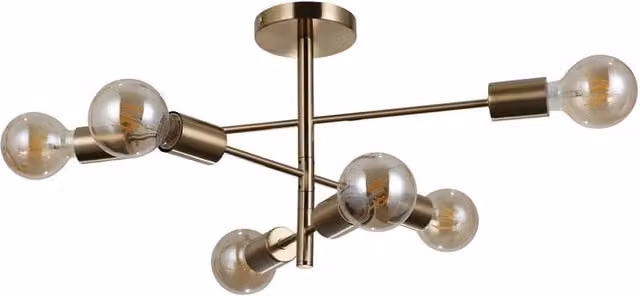 Netlighting Piansi Multi Arm Semi Flush Ceiling Lamp in Gold and Brass with 6 x E27 Glass Shades
