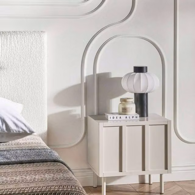 Wyld and Coco Cashmere Bedside Table in Beige MDF with Metal Legs and Two Shelves
