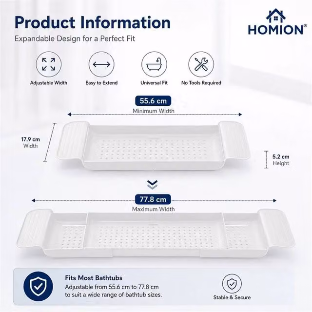 KORVIXA White Plastic Bathtub Caddy, W: 80 cm, D: 50 cm