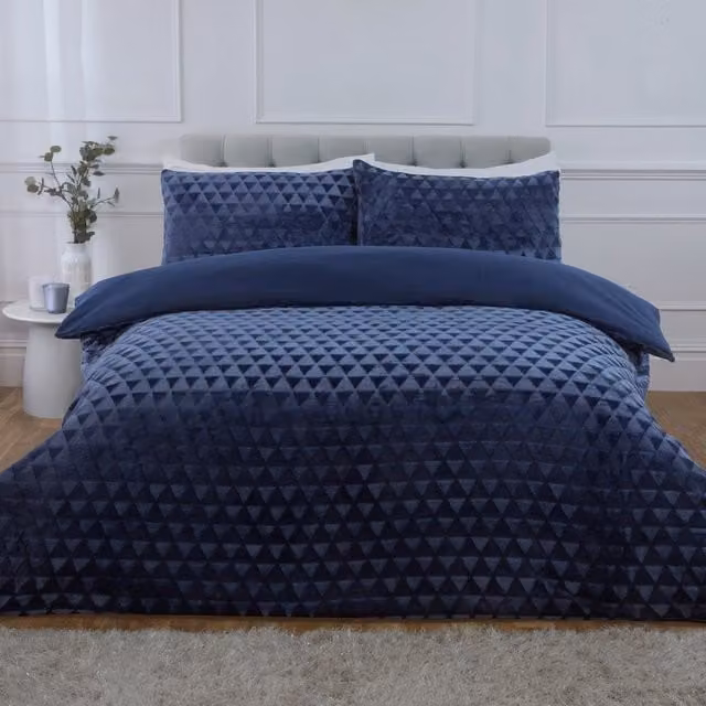 Rapport Home Diamond Cut Teddy Polyester Fleece Duvet Cover Set with Pillowcase, Navy and Grey, Duvet Cover: 90 x 200 cm, Pillowcase: 50 x 75 cm
