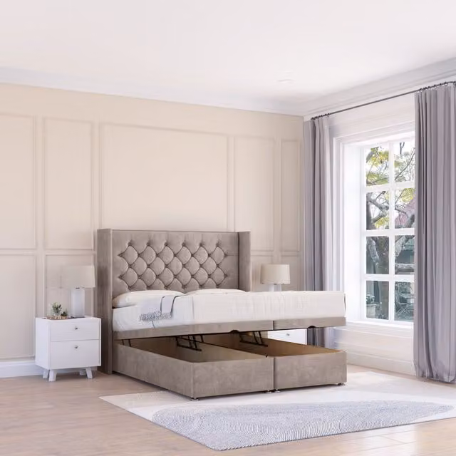 Sloomy Dior Super King Ottoman Bed with Winged Floorstanding Headboard and Sprung Memory Mattress in Stone Plush Fabric