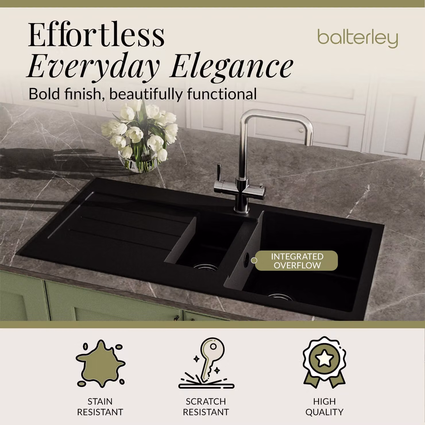 Balterley Reversible 1.5 Bowl Granite Composite Kitchen Sink with Drainer and Overflow, Matt Black, W: 100 cm x D: 50 cm – 3