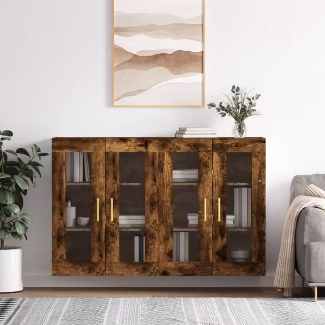 Berkfield Home Set of 2 Wall Mounted Cabinets in Smoked Oak Brown with Glass Doors
