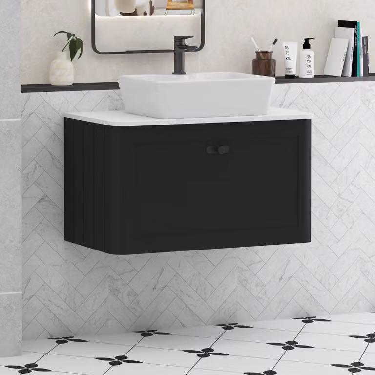 Royal Bathrooms Henley 800mm Wall Hung Vanity Unit in Matt Nocturne Black with Plain White Worktop, Cube Basin and Matt Black Knob