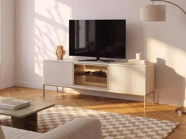 Vente-unique 3-Door Modern TV Unit with LEDs in MDF and Smoked Glass, Beige and Black, W/D/H: 153.4 x 39.0 x 56.2 cm – 1