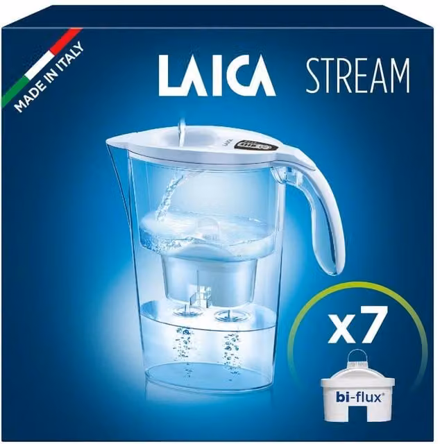 LAICA Stream Line Water Filter Jug and 7 Bi-flux Cartridges, White, 2.3 l – 1