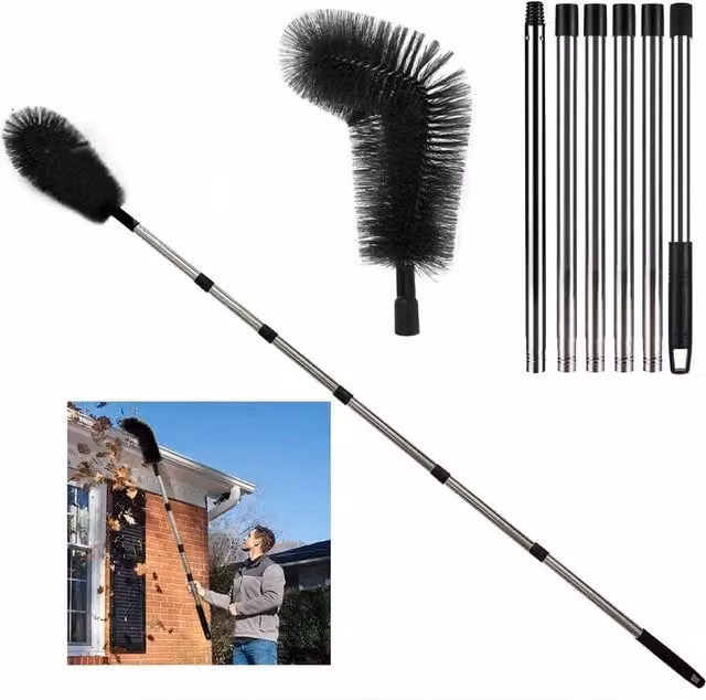 FLAVORA Extendable Gutter Cleaner Brush with Telescopic Stainless Steel Handle and Microfibre Head in Black – 1