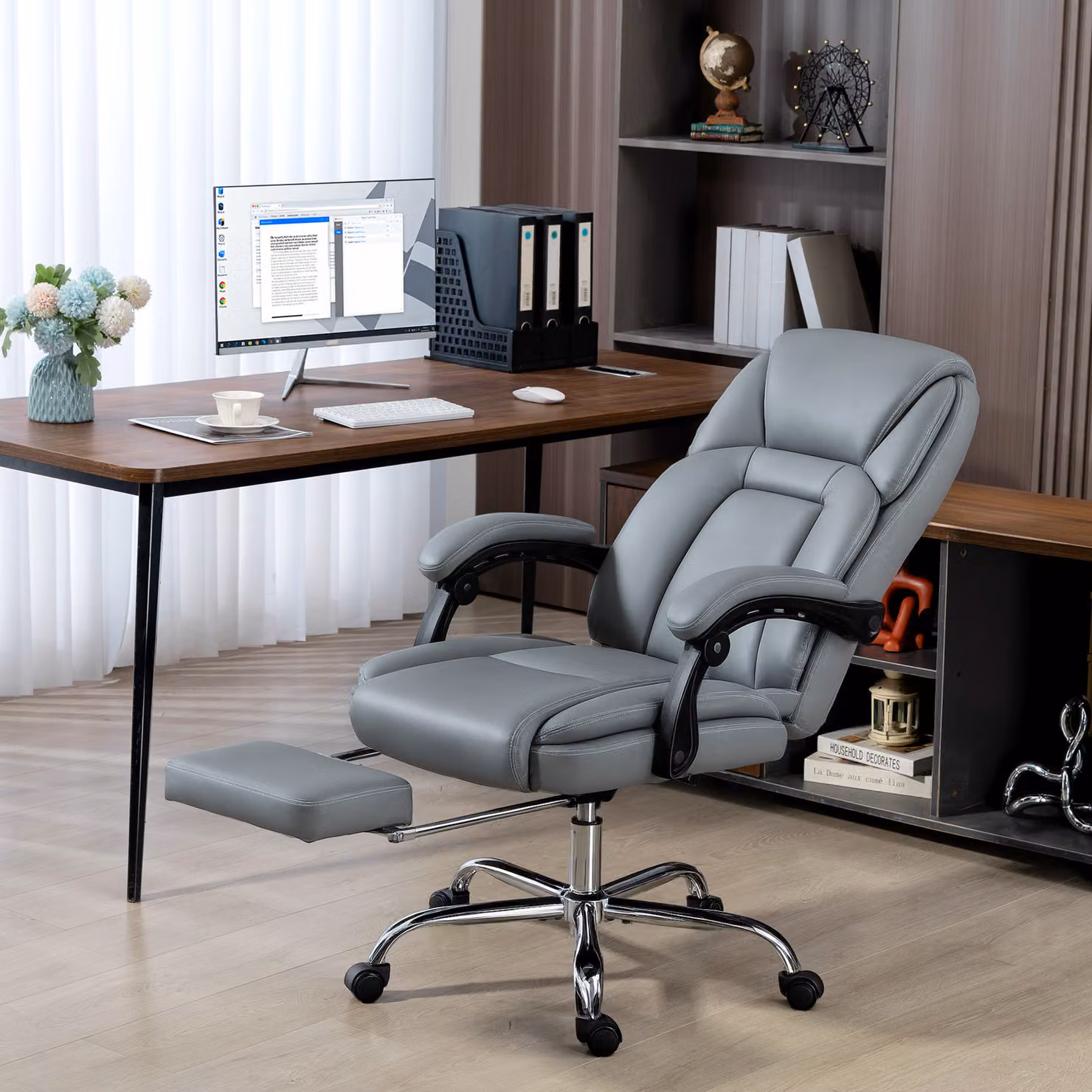 HOMCOM Grey Faux Leather Reclining Executive Office Chair with Footrest and Headrest – 2