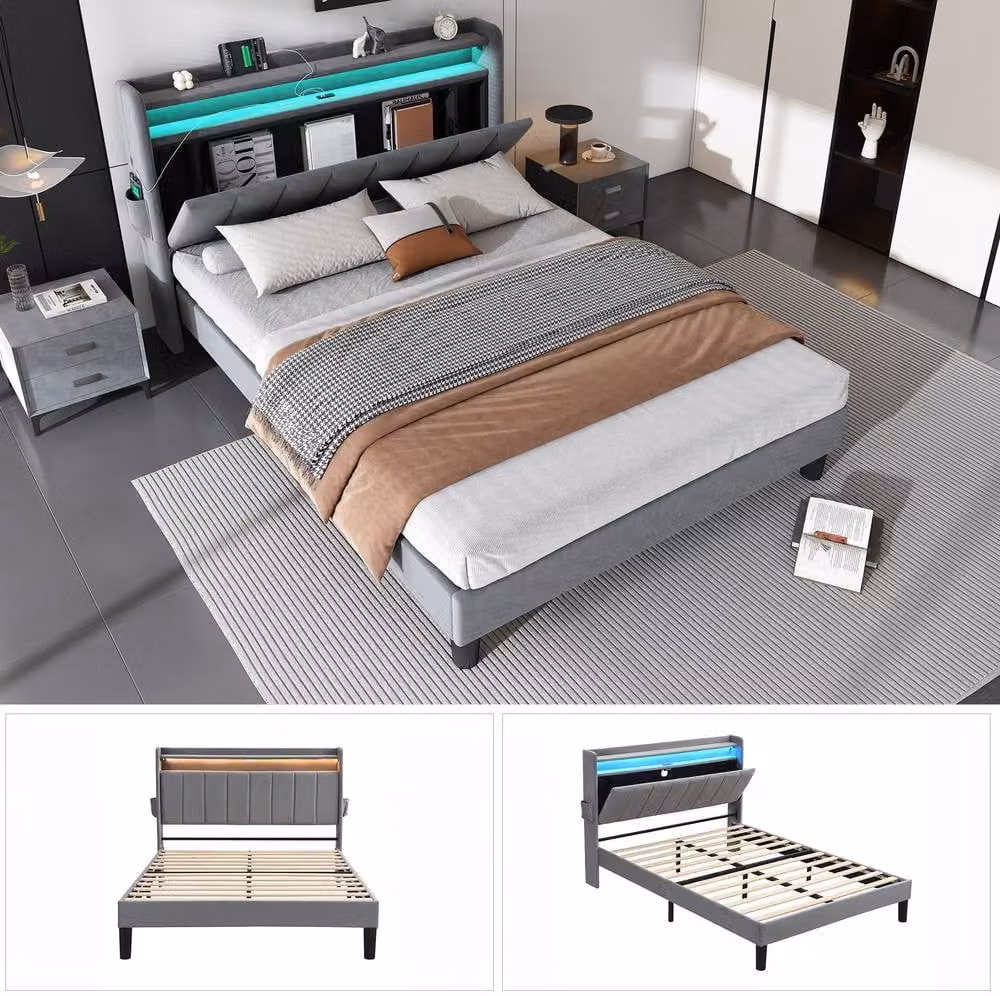 STILVORA Grey Upholstered Double Bed with LED Lighting, USB Charging Port and Under-Bed Storage, W/D/H: 140 x 190 x 135 cm – 6